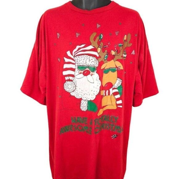 Santa Claus Rudolph T Shirt Vintage 80s Sleep Tee Totally Awesome Christmas - Picture 1 of 7